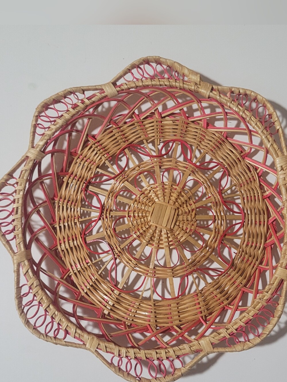 Red Vintage MCM rattan wall hanging decor plate boho basket